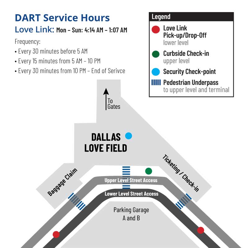 Map of Dallas Love Field Airport highlighting Love Link Pickup Spots
